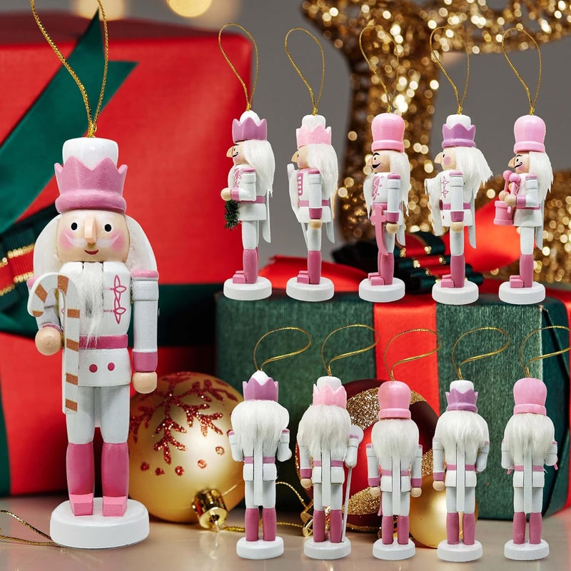 MicoSim Mini Nutcrackers Figures Wooden Christmas Decor, Hanging Nutcracker Ornaments for Xmas Tree, Wood Nut-Crackers Christmas Decorations for Festival Party (Pink, 5PCS) - Image 4